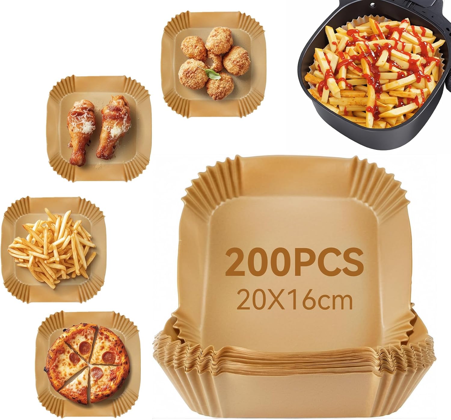 Pack of 200 Baking Paper for Hot Air Fryer 4.5-6 L, 16-20 cm ...