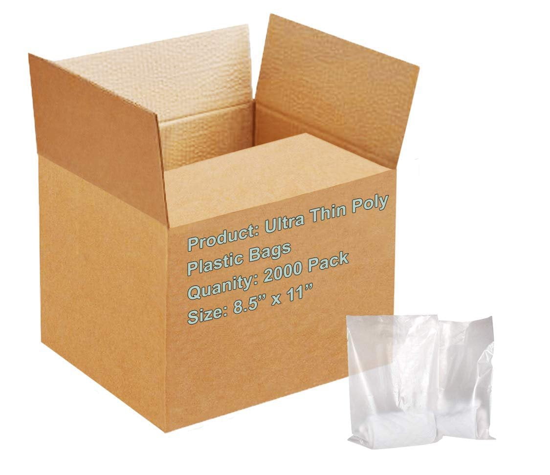 Pack of 2000 Clear Merchandise Bags 8.5 x 11. Ultra Thin Poly Plastic Bags 8 1/2 x 11. Thickness 0.6 Mil. High Density Polyethylene Bags for Books, Magazines and Small Items. Reusable, Recyclable.
