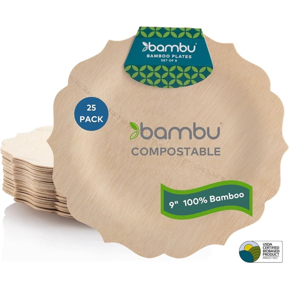 Pack of 25-9 Inch Disposable Bamboo Plates Fancy, Biodegradable Eco Friendly Products, Bamboo Disposable Plates for Party, Weddings, and Events, Great For Any Occasion, Compostable Plates