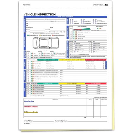 Pack of 250 Sheets F Series Multi-Point Inspection - 2 Part Checklist PER Manufacturer's Recommendation Forms, White with Multi Colored, 8-1/2 inch x 11-3/4 inch