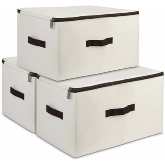 Pack of 3, Breathable Clothing Storage Bins with Lid, Rigid Storage Containers for Sweaters, Toys, Dolls,Blankets, Duvets, Coats, Jeans, Files in Bedroom, Office