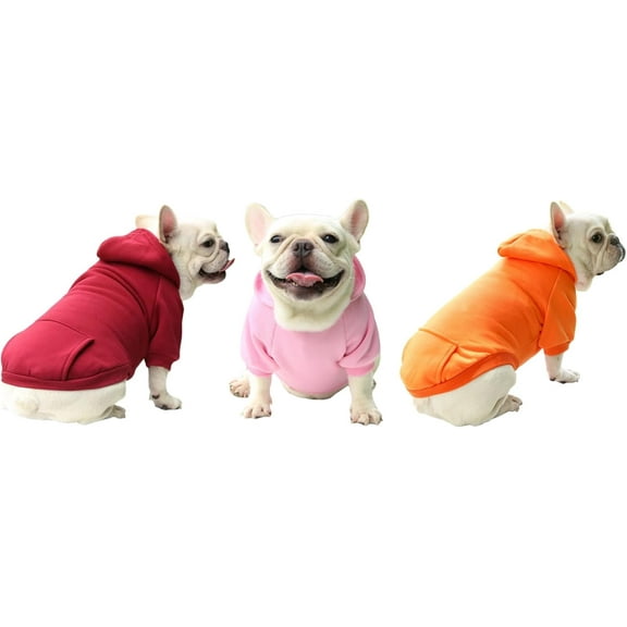 Pack of 3 Dog Hoodie, Cotton Outer, Fleece Inner, Warm Sweater, Sweatshirt with Pocket for Bulldog, Weiner, Frenchie, Pouch, Dachshund, Chihuahua, Dog Clothes, Apparel (Pink, Orange, Red) (XX-Large)