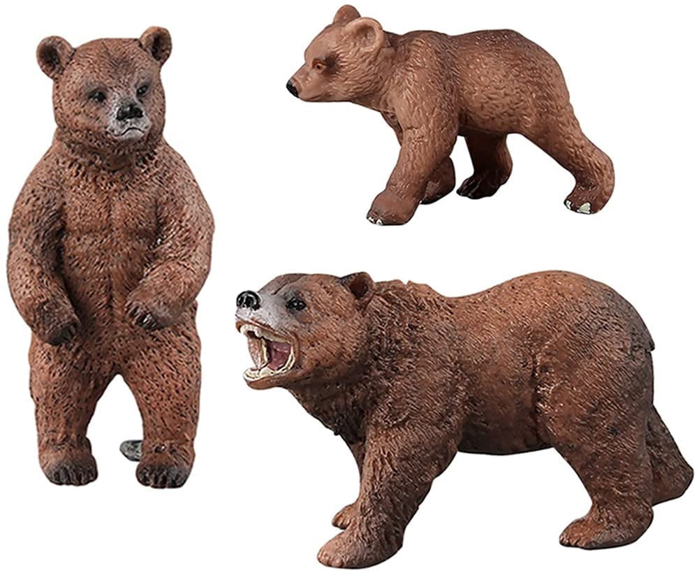 Pack of 3 Grizzly Bear Figures Toy, Forest Bear Animal Figurines Set