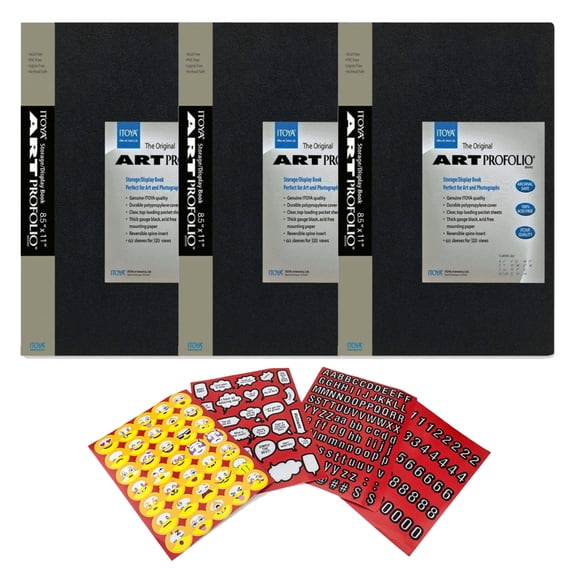 Pack of 3 Itoya Archival Art Profolio Presentation Books - 60 - 8.5 x 11 Inches Pocket Pages, 120 Views (IA-12-8-60) + Bonus Scrapbooking Stickers 4 Pages of Emojis, Quotes, Letters & Numbers