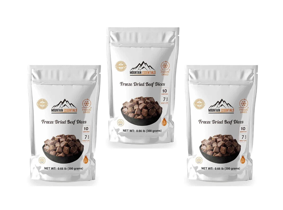 (Pack of 3) Mountain Essentials Freeze Dried Beef Dices Protein Packed Meal (300g Pouches)| Emergency Long Term Supply | Hiking, Backpacking & Camping | Easy Prep Survival Food ✅