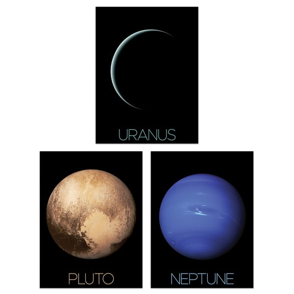 Pack of 3 NASA Our Solar System Planets Uranus Neptune Dwarf Pluto Voyager 2 and New Horizons Images Unframed 18X24 Inch Wall Art Living Room Prints Set