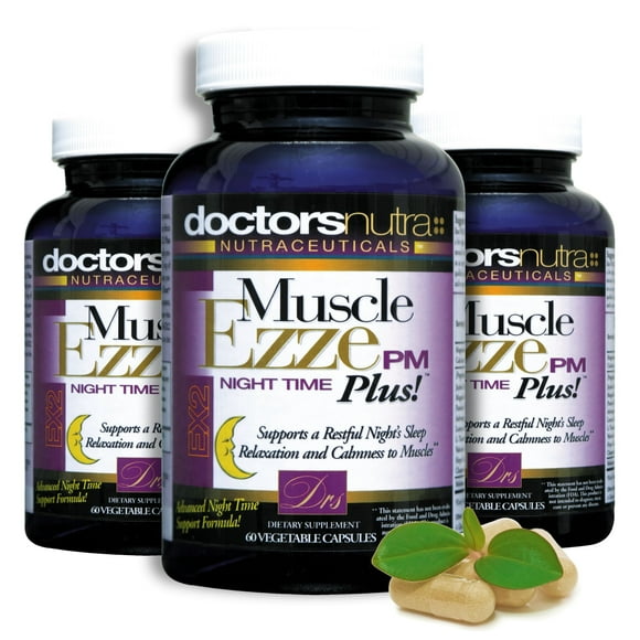 (Pack of 3) Natural Sleep Aid Muscle Ezze PM Plus Night Time Capsules by Doctors Nutra Nutraceuticals - Sleep Aid, Nighttime Use, Naturally Derived Ingredients - Safe and Effective - Gluten-Free