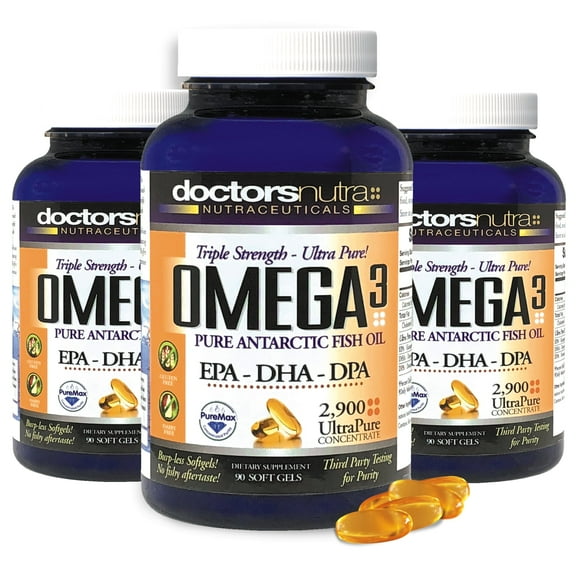 (Pack of 3) Natural Wild Omega 3 DPA Fish Oil Supplement by Doctors Nutra Nutraceuticals - 2,900 Milligrams Triple Strength Ultra Pure Concentrated, EPA-DPA-DHA, Soft-Gels with no Fish-Tasting Burps