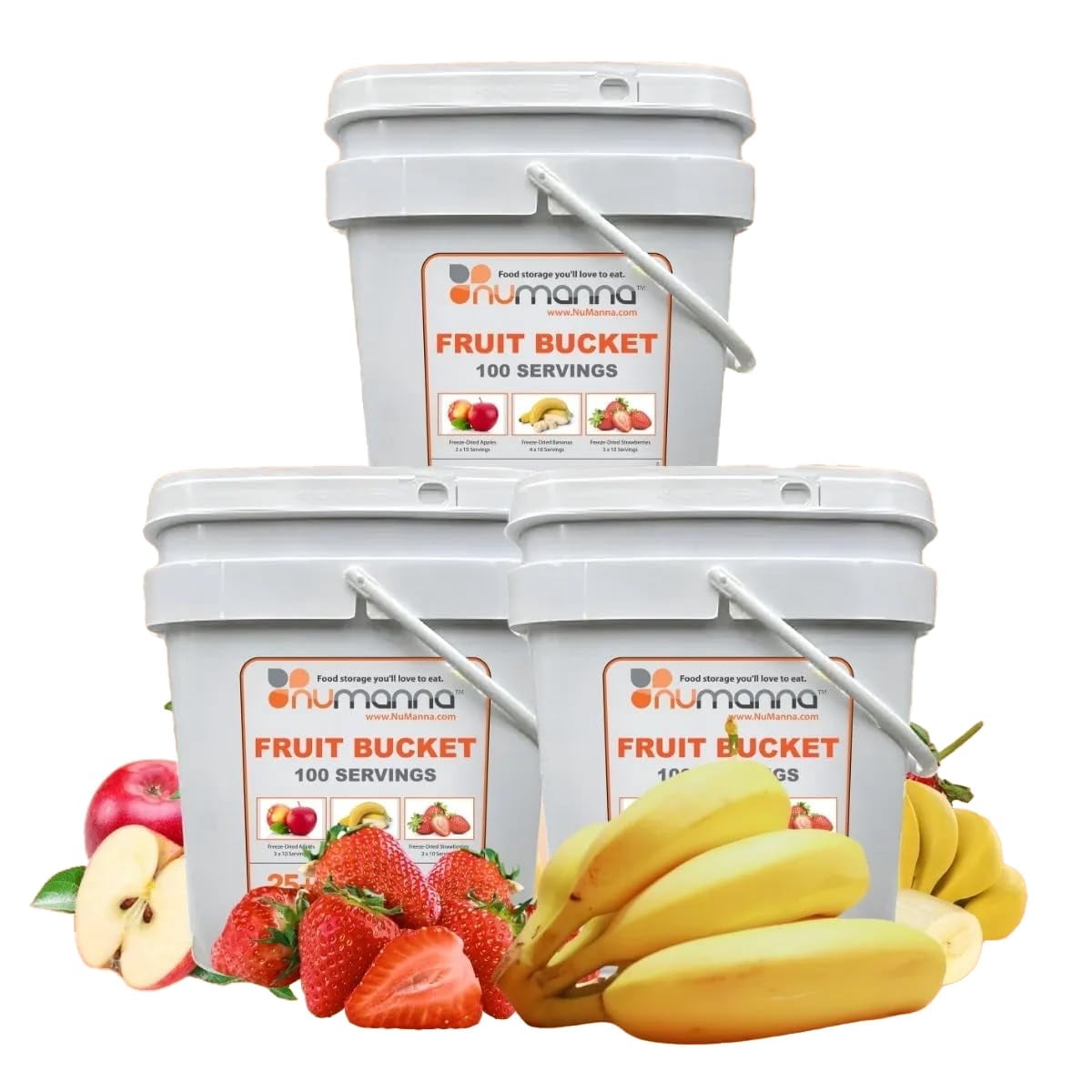 (Pack of 3) NuManna Freeze-Dried Fruits Buckets – 300 Servings | Apples, Bananas & Strawberries | Non-GMO, No Preservatives | Long Shelf Life Emergency Food & Camping Snack – 25 Years