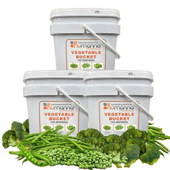 (Pack of 3) NuManna Freeze-Dried Vegetables Buckets – 300 Servings | Peas, Green Beans & Broccoli | Non-GMO, No MSG, No Preservatives | Emergency Survival Veggie Food | 25-Year Shelf Life