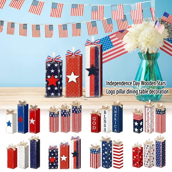 Pack Of 3, Retro Patriotic Solid Wooden Standing Table Decoration With Burlap Bow, For American Independence Day Party And Daily Home Decor For Family And S