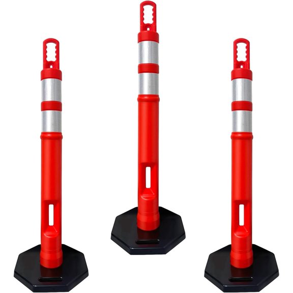 (Pack of 3 Sets) 45" inch Orange Delineator Post Cone with 10 lbs. Rubber Base Heavy Duty, 2 Reflective Bands for Driveway, Parking Cones (Set of 3 (Post & Base))