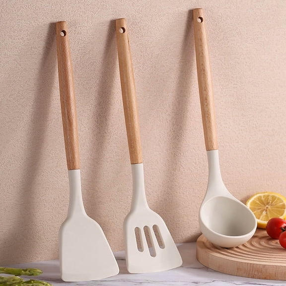 Pack of 3 Silicone Cooking Set, Heat Resistant Solid Turner, Non Stick Slotted Spatulas with Wooden Short Handle,Ideal Wood Kitchen Utensils Set for Frying, Baking, Flipping, Turning