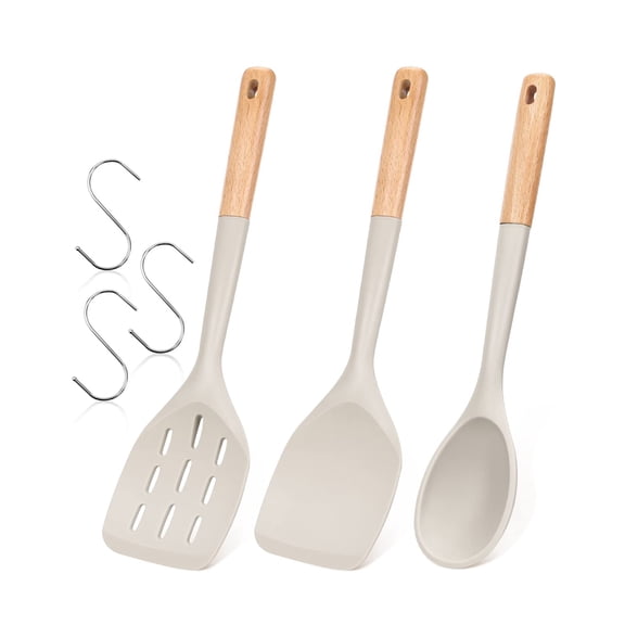 Pack of 3 Silicone Spatula, Non Stick Cooking Utensil Set Wooden Handle Kitchen Turner for Baking Mixing Grilling Serving Food Heat Resistant Non Scratch Hooks Included,Khaki