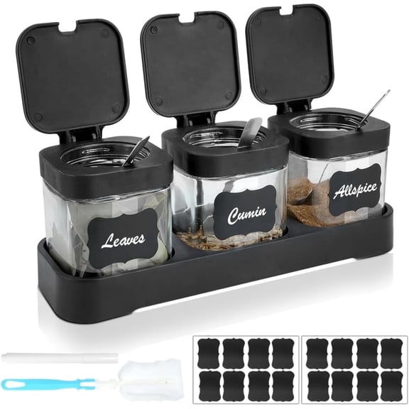 TIE-DailyNec 3 Pcs Glass Square Food Storage Jars, Clear Containers with Tray Lid Spoon Labels Pen Brush, Seasoning Canister for Salt Sugar