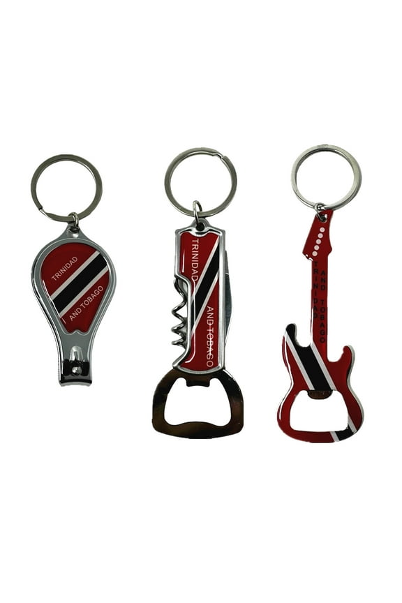 Pack of 3 Trinidad and Tobago Keychains, Country Metal Keychain, 3 Bottle Opener, Nail Clipper, Guitar, Patriotic Souvenir Keychains, Car Keys, Gift, Bulk