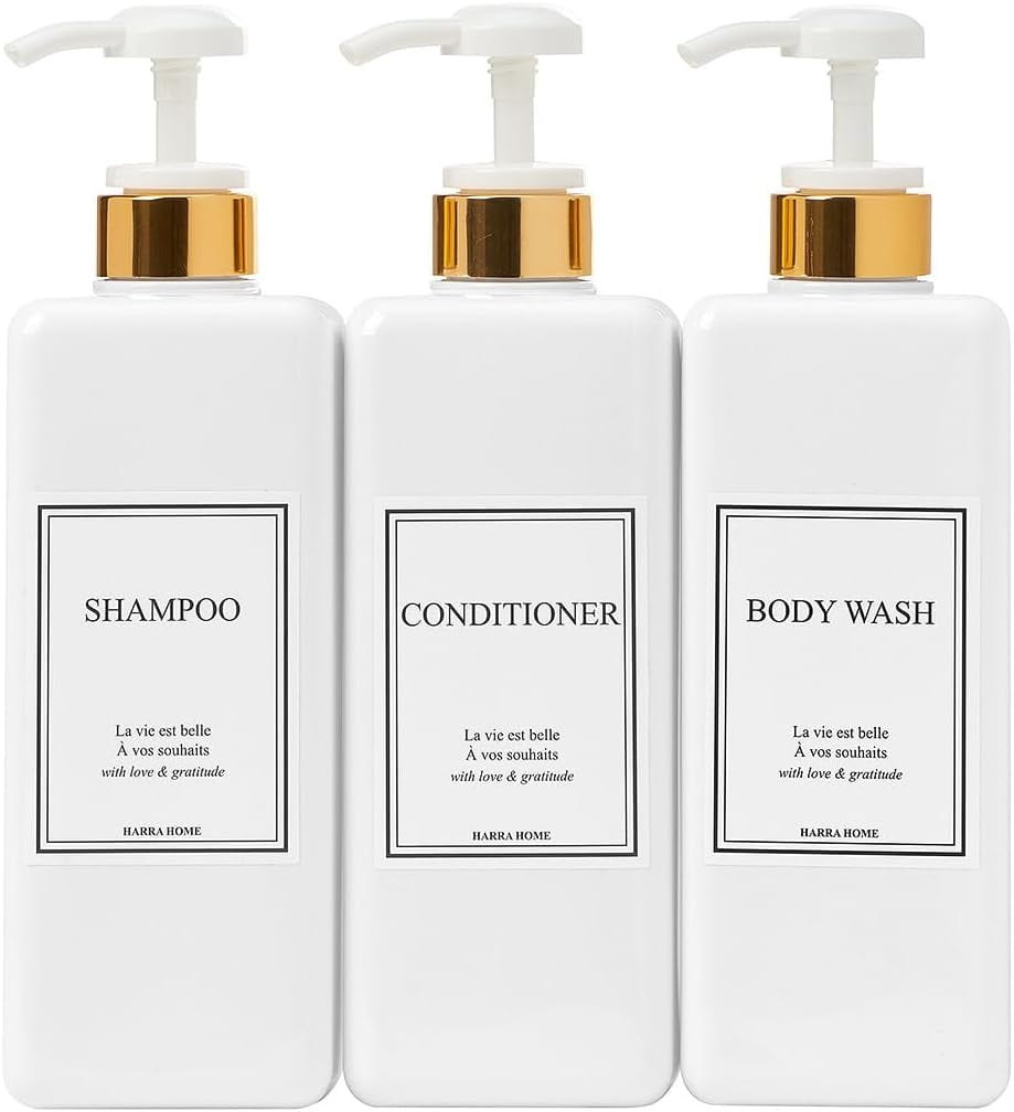 Pack of 3 (White) Modern Gold Design Pump Bottle Set 27 Oz Refillable ...