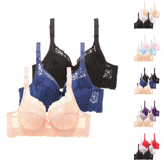 Pack of 3 Women's Bras with Underwire Push Up, Sexy Lace Balconette Unlined Bustier Bralette Set for Everyday Fitness Sports, Adjustable Comfort Training Bra