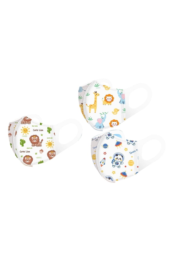 Pack of 32 disposable printed protective masks for children, suitable for ages 0–7. These 3D-cut masks feature a three-layer protective structure for added peace of mind during outdoor activities.