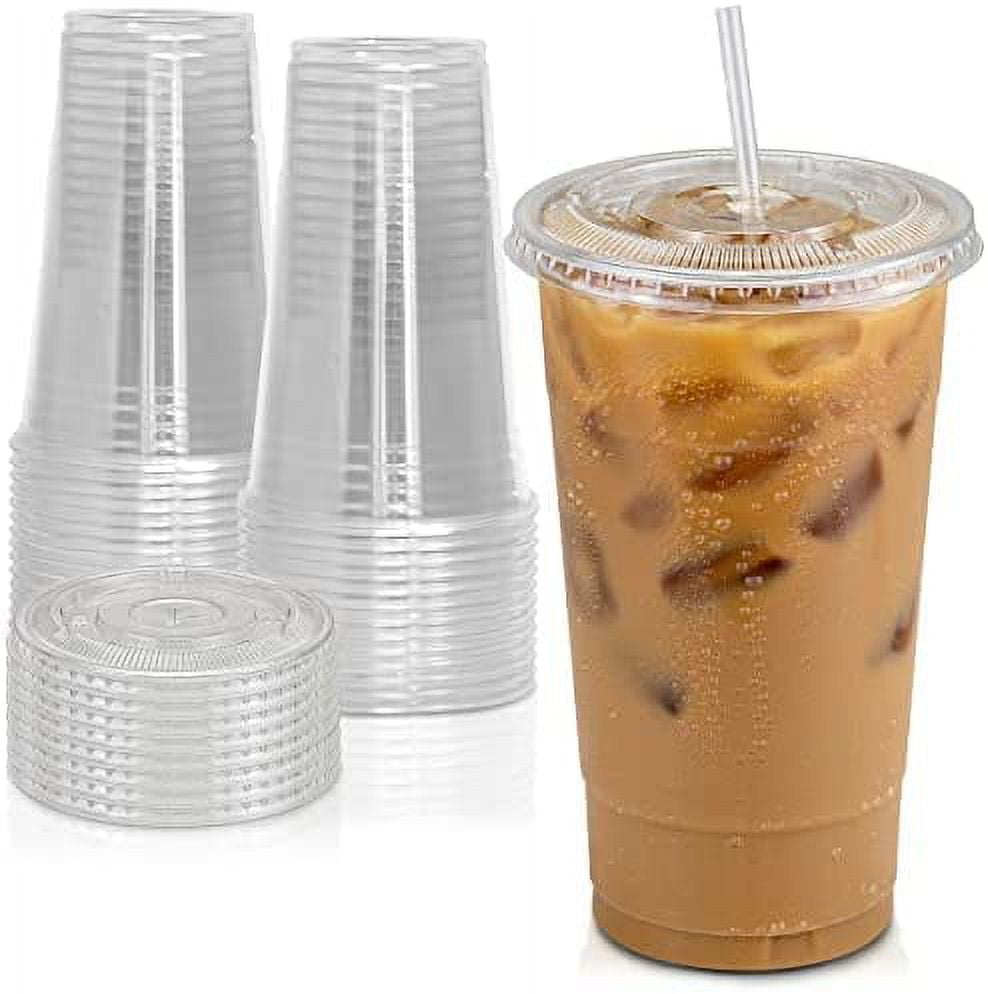Pack] 32 oz BPA Free Clear Plastic Cups With Flat Slotted Lids for Iced