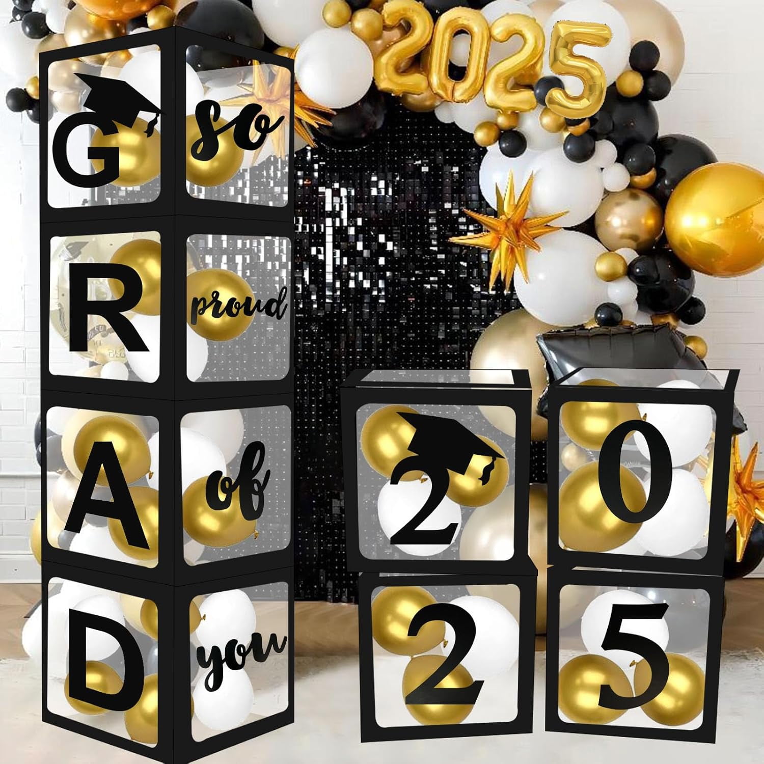 Pack of 4-12x12x12 Inches Black Clear GRAD Balloon Boxes with Letters ...