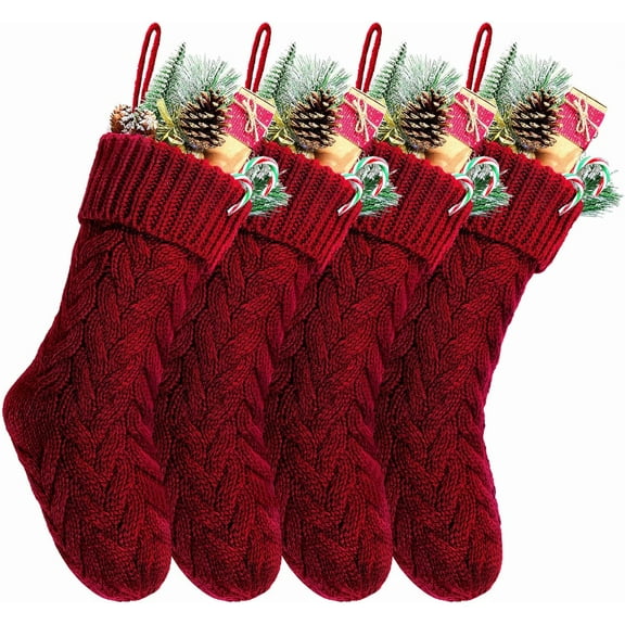 Pack 4,18" Unique Burgundy and Ivory White Knit Christmas Stockings Style3