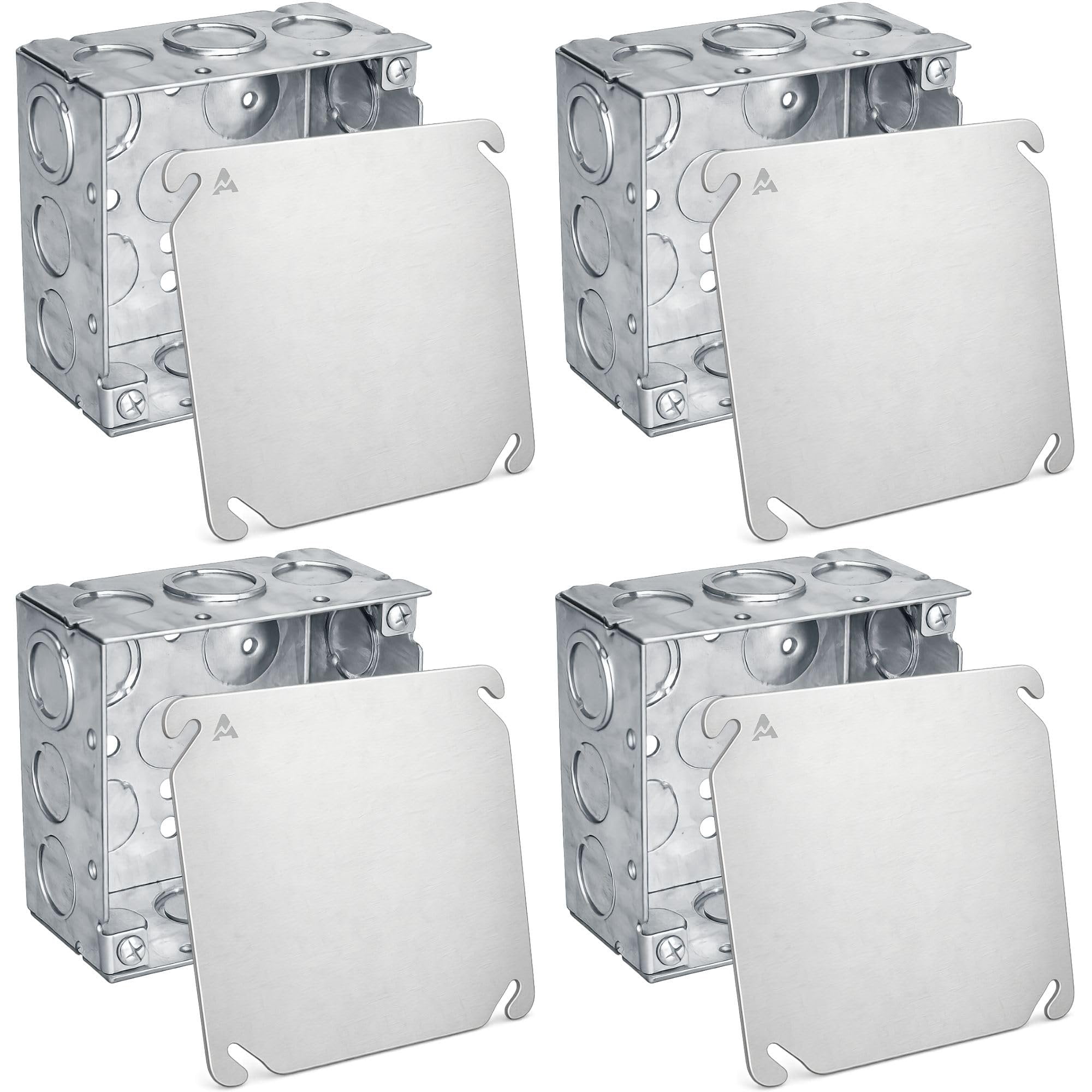 Pack of 4 4x4 Metal Junction Box & Cover Kit, 4 Inch Square Electrical Box with Blank Cover, Drawn Metal Box, Steel Electrical Junction Box, Flat Blank J Box Cover, 2-1/8" Deep, 30.3 Cu In