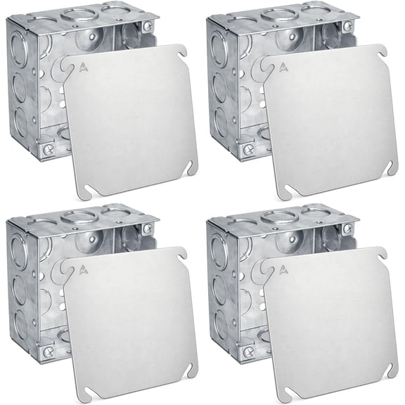Pack of 4 4x4 Metal Junction Box & Cover Kit, 4 Inch Square Electrical Box with Blank Cover, Drawn Metal Box, Steel Electrical Junction Box, Flat Blank J Box Cover, 2-1/8" Deep, 30.3 Cu In