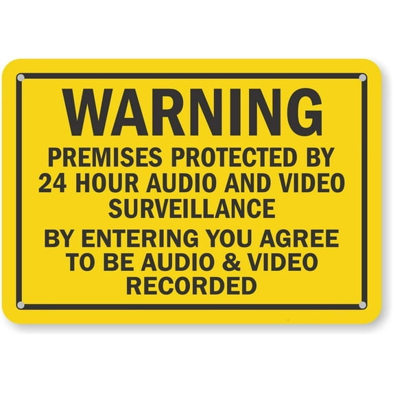 (Pack of 4) 5 x7 inch “Warning - Premises Protected by 24 Hour Audio and Video Surveillance” Sticker Labels, 5 mil Laminated Polyester with SuperStick Adhesive, Black and Yellow