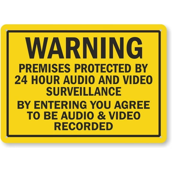 (Pack of 4) 5 x7 inch “Warning - Premises Protected by 24 Hour Audio and Video Surveillance” Sticker Labels, 5 mil Laminated Polyester with SuperStick Adhesive, Black and Yellow
