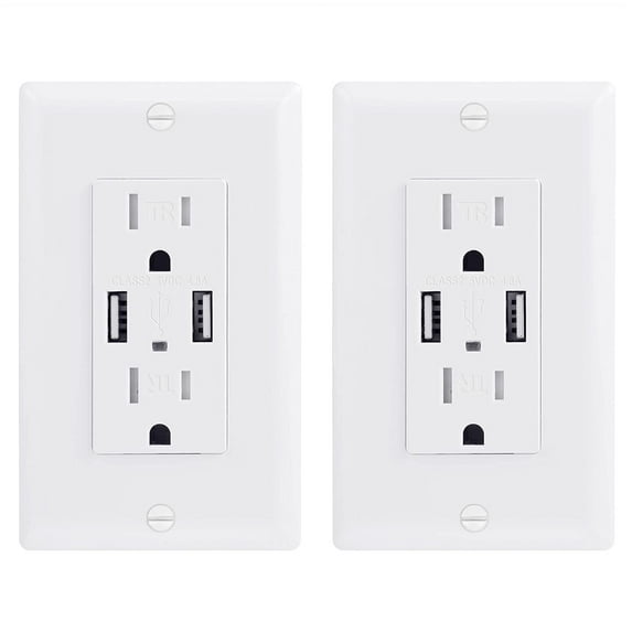 Pack 4.8A Wall Outlet With USB Ports - 15Amp Duplex Tamper Resistant Charger, UL Listed, Electrical Receptacle With Dual USB, White