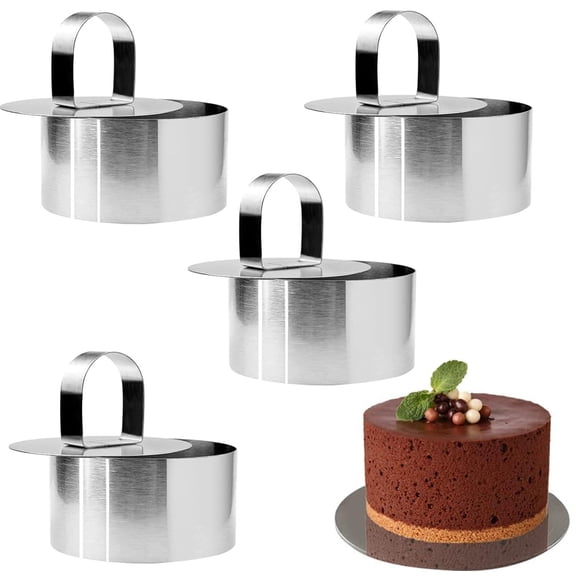 Pack of 4 Cake Rings with Pusher,Bexikou Stainless Steel Dessert Mousse Ring,Circle Cake Mold,Non-Stick Baking Tools for Cooking Crumpets Eggs Pastry Mousse