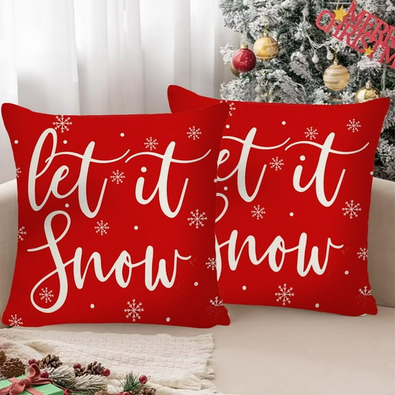 Christmas Red Throw Pillow Covers - 18x18 Inches, Let It Snow/Snowflake Prints, Cushion Cases for Farmhouse Sofa, Couch & Winter Holiday Home Decor，C
