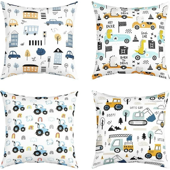 Pack of 4 Construction Decorative Throw Pillow Covers,Equipment Trucks Square Cushion Case Set for Couch Sofa Bedroom Living Room,Construction Vehicles White Pillow Cases Pillowcases, 18x18 Inches