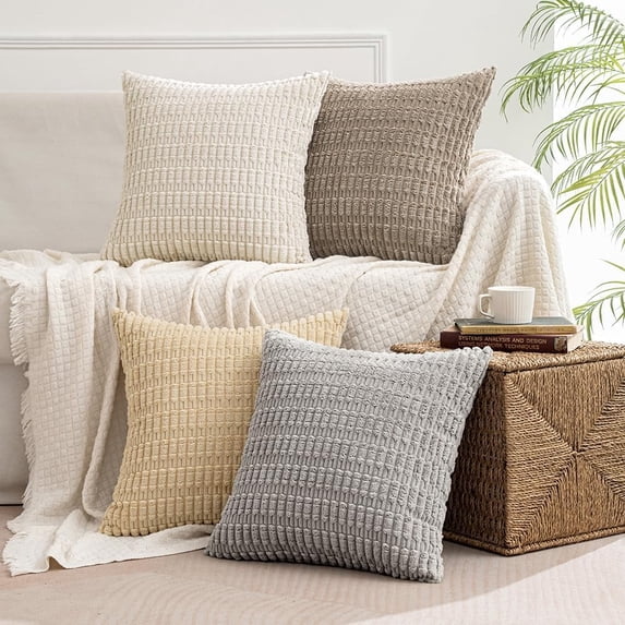Pack of 4 Cream White Corduroy Decorative Throw Pillow Covers 18x18 Inch Soft Boho Striped Pillow Covers Modern Farmhouse Home Decor for Sofa Living Room Couch Bed