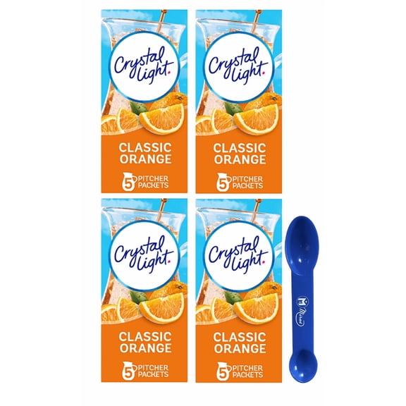 (Pack of 4) Crystal Light Classic Orange Naturally Flavored Powdered Drink Mix with Caffeine, 5 ct Pitcher Packets (2in1) Miras Trademark Measuring Spoon Included)