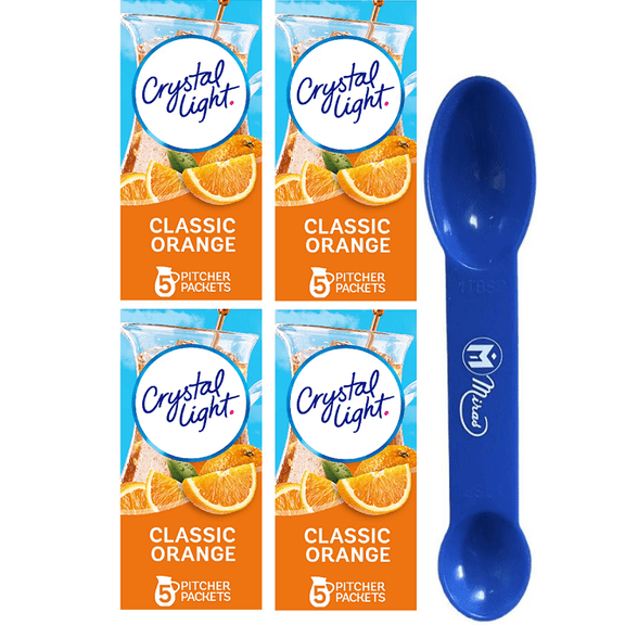 (Pack of 4) Crystal Light Classic Orange Naturally Flavored Powdered Drink Mix with Caffeine, 5 ct Pitcher Packets (2in1) Miras Trademark Measuring Spoon Included)