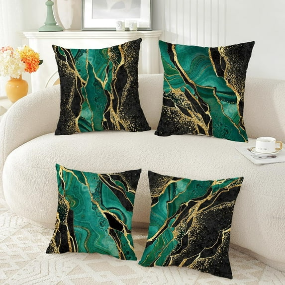 Pack of 4,Green Marble Throw Pillow Covers 18x18 Inch Two-Sided Green Gold Abstract Art Modern Decorative Pillows Case Soft Cushion Covers for Couch Sofa Bed Home Living Room Décor