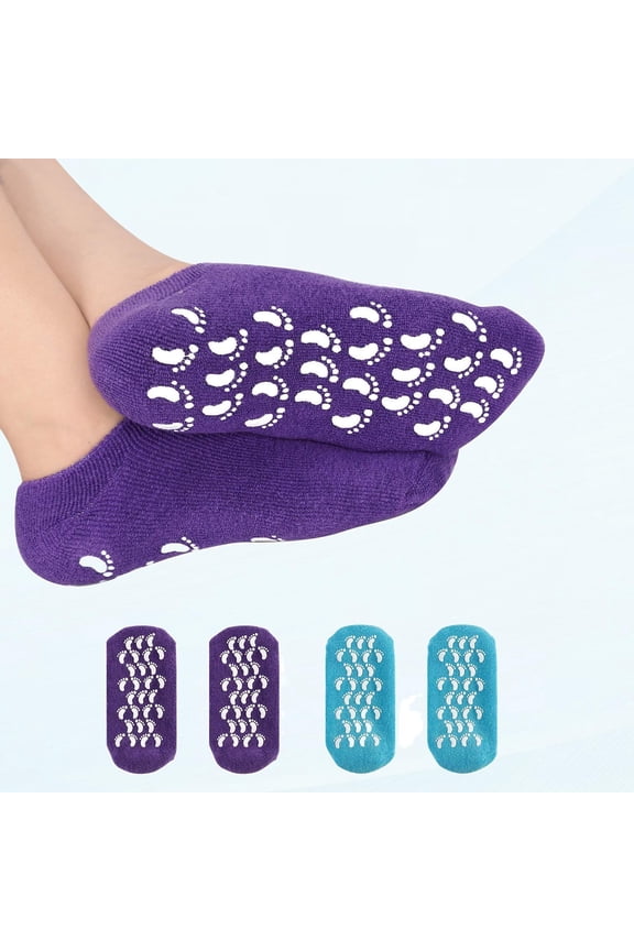 (Pack of 4) Heel Spa Socks, Moisturizing Socks, Soft Gel Socks Lined Infused with Essential Oils and Lotions - Best for Rough Calluses, Cracked Heels, Softening Dry Feet/(Blue & Purple) Unisex.