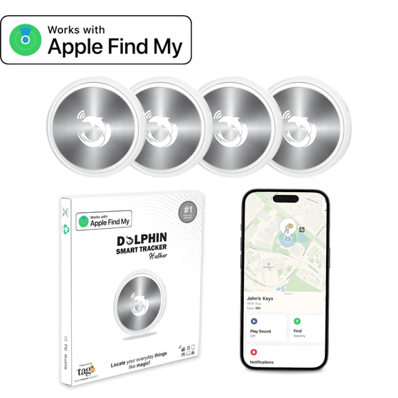 [Pack 4] Item Finders Work with Apple Find My APP (iOS Only). Premium Steel Finish Tracker Tags for Keys, Luggage, Backpack, Pets etc, Waterproof tag (Not for Android)