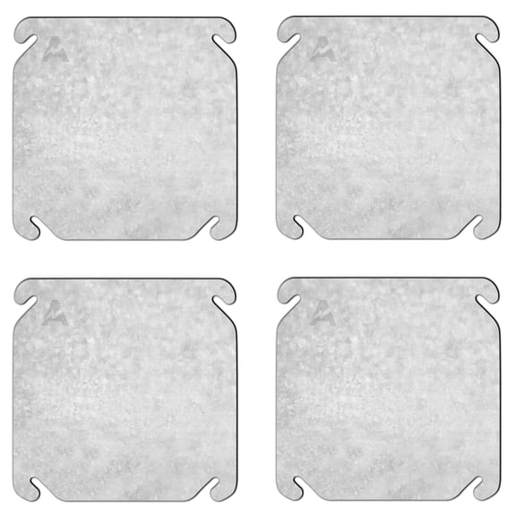 Pack of 4 Metal Electrical Box Cover, 4x4'' Square, Flat Blank Cover for Electrical Box, Made from Galvanized Steel, with Angled Mounting Slots, for Junction Box Plate