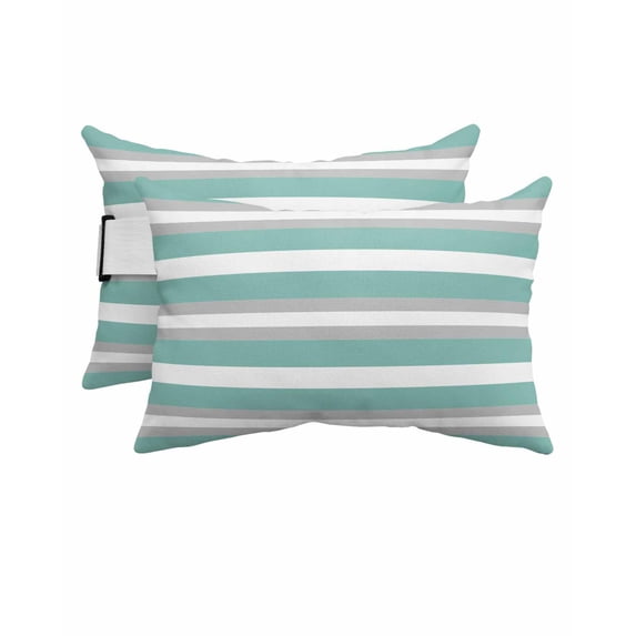 Pack of 4 Outdoor Lumbar Pillow Covers 12x20 Inch, Aqua Grey White Stripe Waterproof Throw Pillow Covers Set, Rustic Modern Turquoise Striped Decorative Cushion Cases for Patio Porch Car