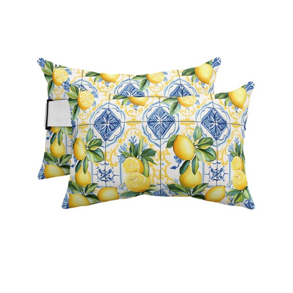 Pack of 4 Outdoor Lumbar Pillow Covers 12x20 Inch, Botanical Lemon Waterproof Throw Pillow Covers Set, Spring Countryside Floral Blue Tile Indoor&Outdoor Decorative Cushion Cases for Patio Porch Car