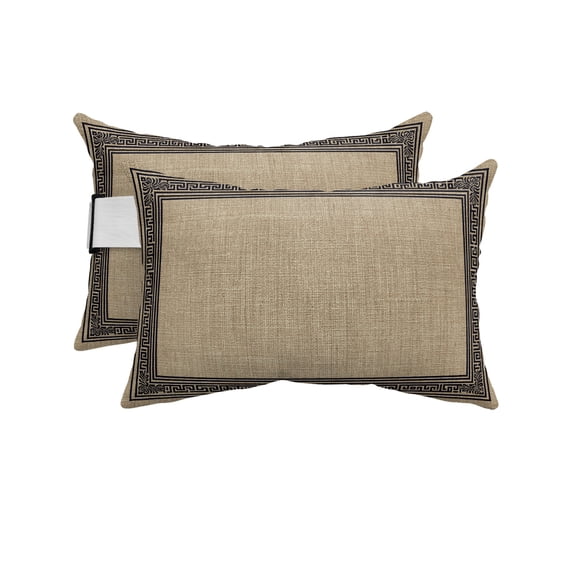Pack of 4 Outdoor Lumbar Pillow Covers 12x20 Inch, Brown Geometric Waterproof Throw Pillow Covers Set, Black Greek Key Design Burlap Modern Art Decorative Cushion Cases for Patio Porch Car