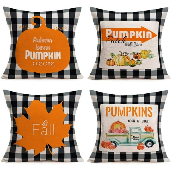 Pack of 4 Pumpkin Buffalo Check Plaid Pillow Covers 18x18 Inch Autumn Leaves Pumpkin with Truck Farmhouse Cushion Cover Cotton Linen Grateful Thankful Bless Pillow Case Decor (Hi Fall 4Pack)