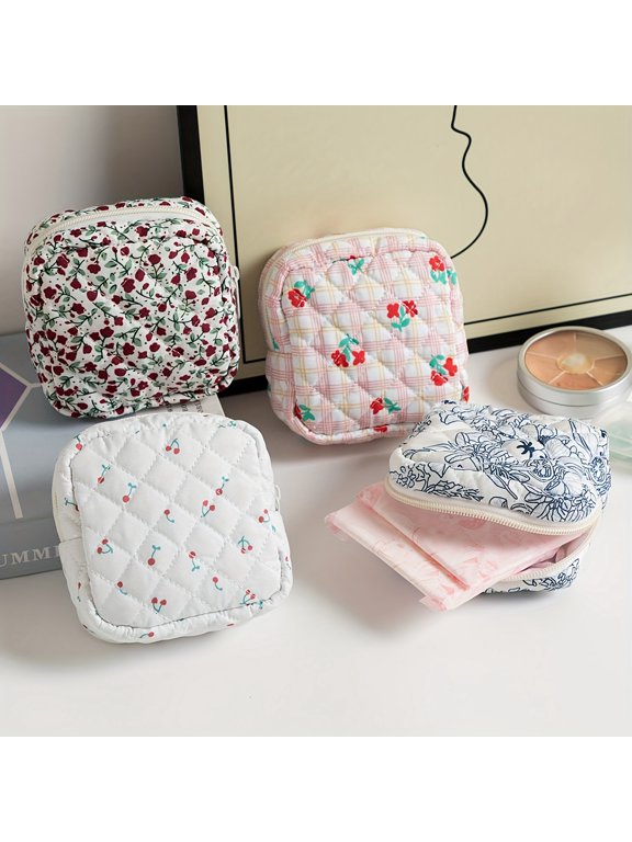 Pack of 4 Stylish Floral Square Drawstring Coin Purse: A compact and durable coin purse perfect for everyday use and travel, large enough to hold sanitary napkins