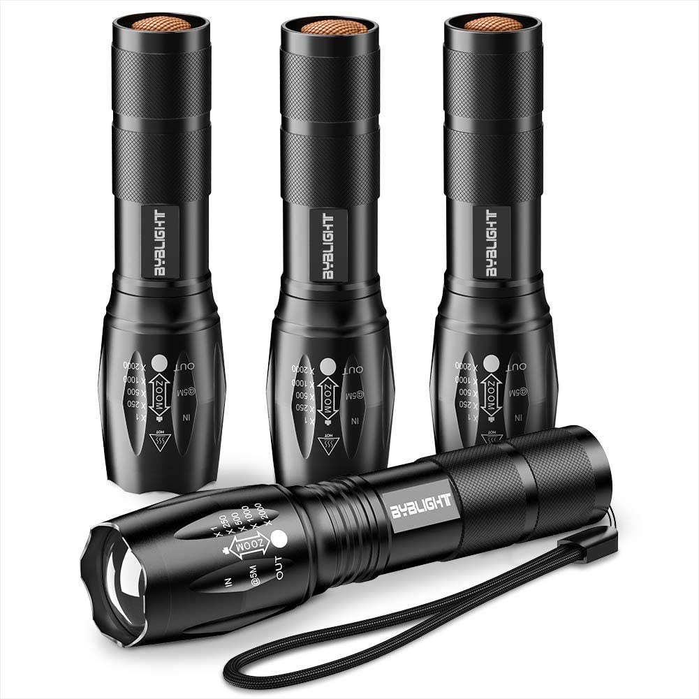 Pack of 4 Tactical Flashlights, BYBLIGHT 800 Lumen Ultra Bright XML-T6 LED Flashlight with 5 Modes, Zoomable, Waterproof, Handheld Small Flashlight for Outdoor Camping, Fishing and Hunting (Black) - image 1 of 7