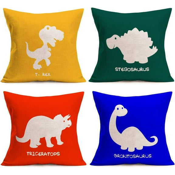 Pack of 4 Throw Pillow Covers Colorful Cartoon Dinosaur T-Rex Triceratops Brontosaurus Stegosaurus Cute Animal Kids Decor Cotton Linen 18’’x18’’ Square Pillow Cases Home Decorative Pillowcases