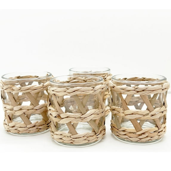 Pack 4 Woven Rattan Tealight Candle Holder Candle Lantern, Coastal Tropical Glass Tea Light Holder, Natural Seagrass Hand Woven Votive Candle Holder