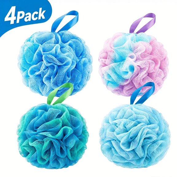 Pack of 4 large bath balls, soft mesh bath sponge, deep cleansing, rich lather, with hanging ring, hygienic and quick-drying bath balls, suitable for all skin types, color random.